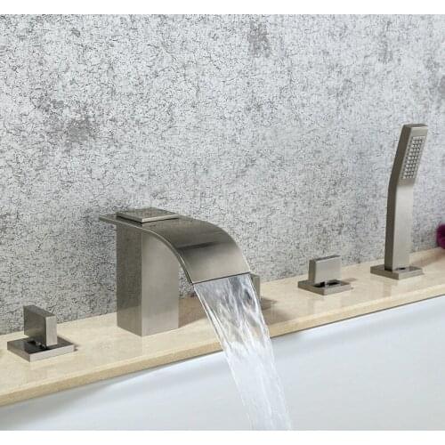 Free ship Modern 5pcs brushed nickel Deck Mounted square Waterfall Bathtub Bath Tub Faucet Handheld Set Brass