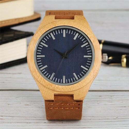Minimalist Wooden Watch Quartz Mens Watches Natural Bamboo Men Wristwatch Genuine Leather bamboo Watch for Men Trendy Clock Gift