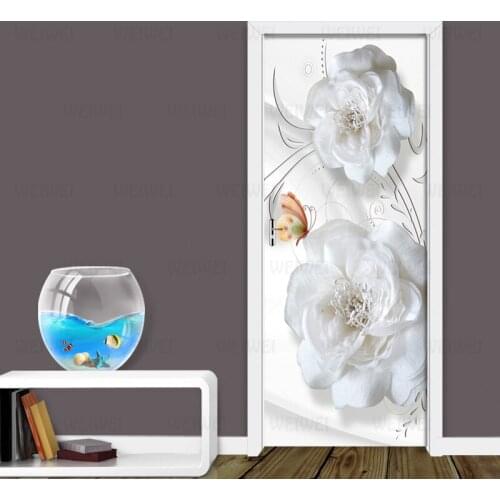 Door Stickers 3D Embossed White Flowers Living Room Bedroom Door Wallpaper PVC Self Adhesive Wall Decals Imitation Wall Stickers