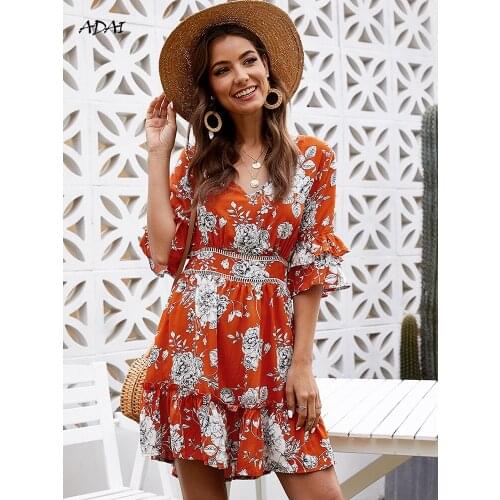 Summer Dresses for Women Casual Butterfly Sleeve Floral Print Dress 2021 Sexy V Neck Backless Hollow Out Waist Beach Mini Dress