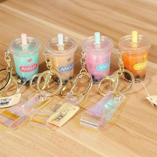 Cute Keychain Car Key chains Mini Fresh Pearl Milk Tea Cup Liquid Quicksand Sequin Key Ring Bag Backpack Pendant Decor for Women