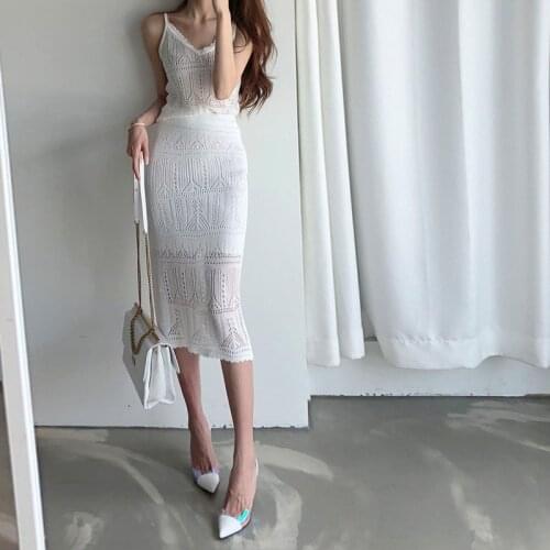 Fashion outdoor women set new arrival casual sexy t-shirt and pencil skirt trend high quality hollow out knit two-piece set