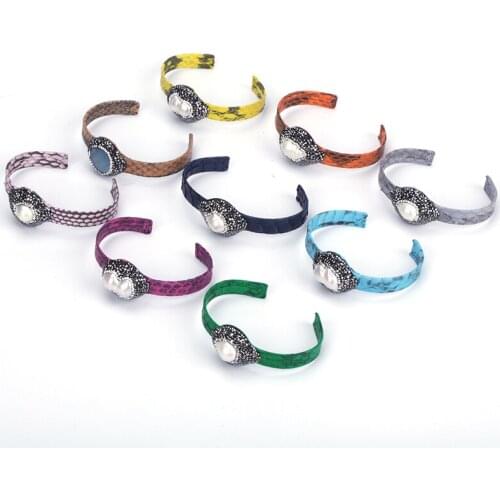 Natural Rough Big Freshwater Pearl Charm Pave Rhinestone Yellow Real Snake Leather Wrap Wide Open Bangle Cuff Bracelet for Women