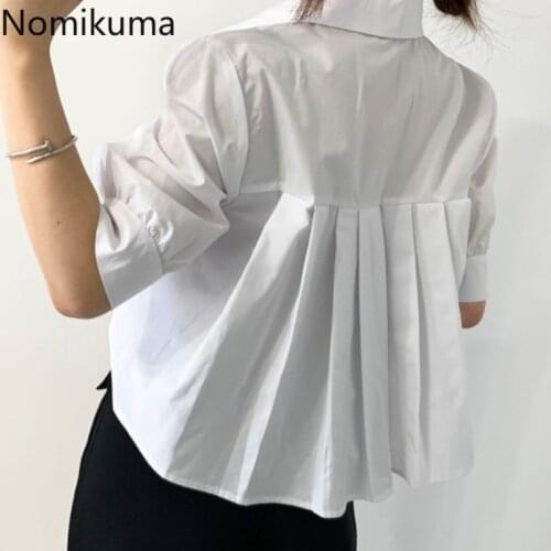 Nomikuma Causal Short Women Blouse Back Irregular Pleated Blusas Femme Puff Sleeve Turn-down Collar Shirts Camisas Mujer 6H003