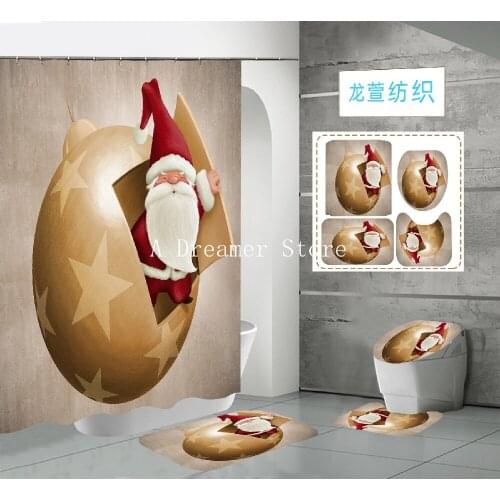 New Cartoon Santa Christmas Shower Curtain Shower Curtain Sets For Kids Floor Mat Bath Sets Toilet Cover Non-Slip Rug Set