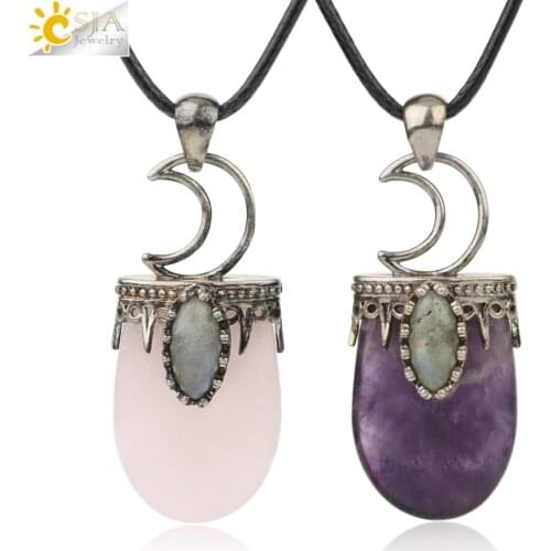CSJA Natural Stone Crystal Pendants Necklace Antique Silver Color Purple Pink Quartz Necklace Jewelry Crown Moon Charm Gift G274