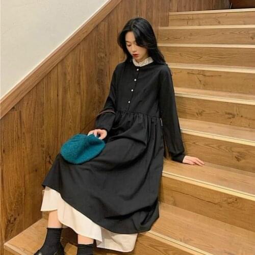 Dress Women Long Sleeve Patchwork Ruffled Mid-calf Buttons Sweet Elegant Womens Dresses Korean Style Ulzzang Retro Simple Casual