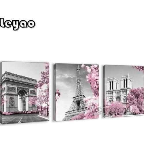 Full Square Diamond Painting paris tower pink flower city building Embroidery Full Display Diamond Mosaic Crafts Kit 3 piece set