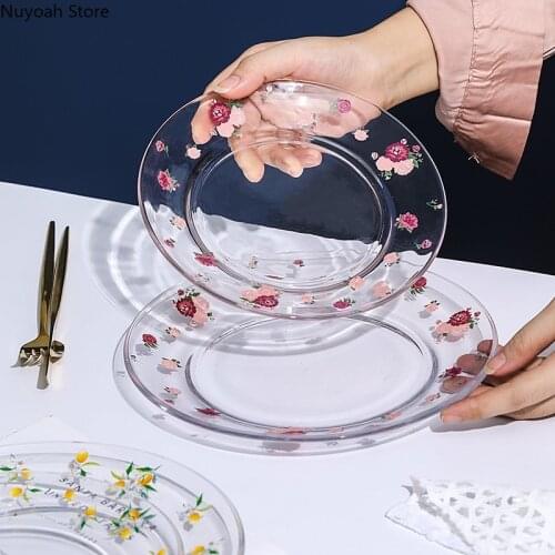Transparent Heat-resistant Glass Plate Creative Round Plate Rose Pattern Fruit Salad Snack Plate Household Tableware Supplies