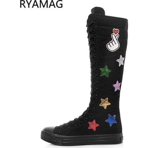 Ryamag 2021 New Womens Canvas Boots Long Dance Boots Shoes Flat sequin embroidery design Zipper Comfortable Vulcanize Sneakers