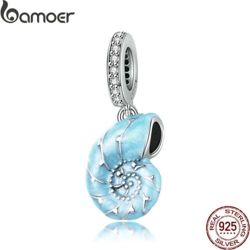 Bamoer Silver Cute Blue Conch Pendant Charm fit Original Bracelet for Women 925 Sterling Silver Jewelry Making SCC1560