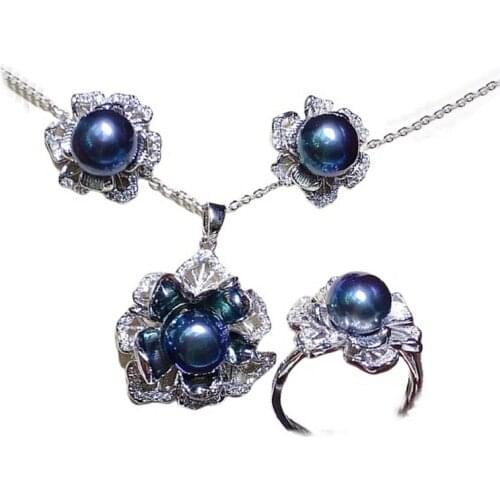 SINZRY original costume jewelry Cubic Zirconia black natural pearl vintage flower pendant necklace earring ring jewelry sets