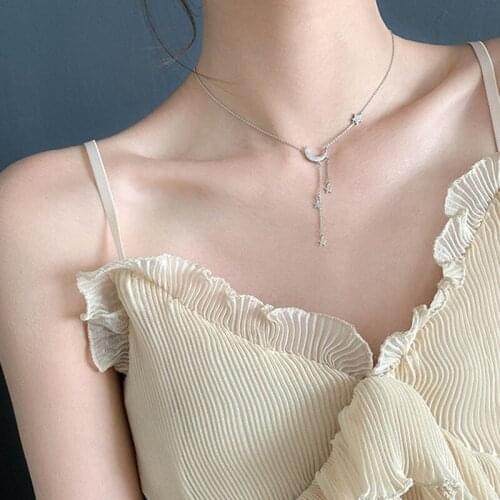 Silver Color Jewelry Star Moon Elegant Tassel Necklace For Women Korean Jewelry Shining Zircon Pendant Chain Necklace