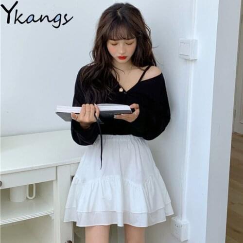 V-neck Y2K Aesthetic Long Sleeve T-shirt Solid Korean Fashion Summer High Waist Irregular 2 Layer Ruffle Short Skirt Suits Women