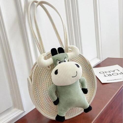 Women Summer Woven Straw Circular Shoulder Bag Cute Cartoon 3D Stuffed Cow Animal Toy Decor Button Beach Vacation Street Tote