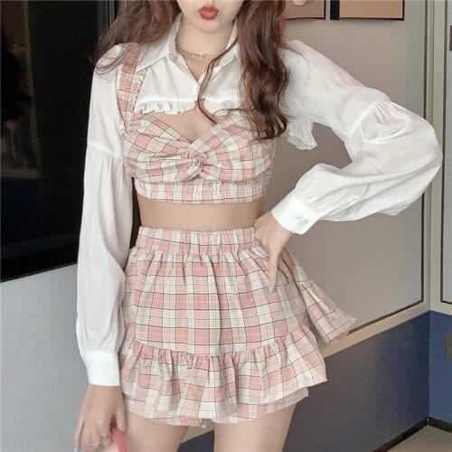 Korean Women Fashion Outfit Sexy Short Ruffles Shirt Plaid Bow Suspender Mini Elastic High Waist Skirt Vacation Three-Piece Set