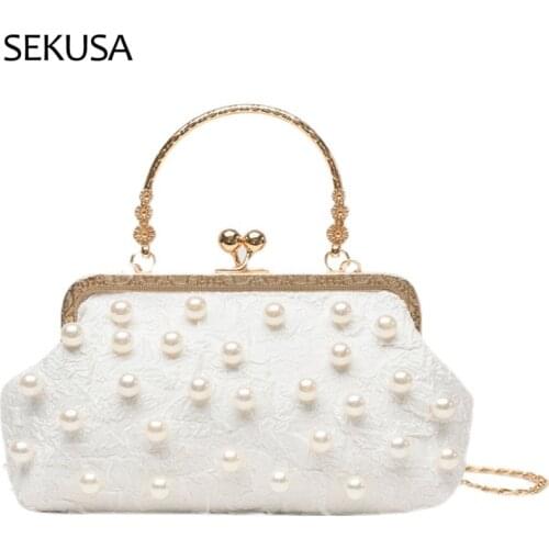 Shell Design White Color Women Evening Bags Beading Party Wedding Female Day Clutch Handle Shoulder Chain Purse