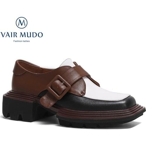 VAIR MUDO Women Pumps Shoes Genuine Leather Square Toe Solid Office & Career Spring/Autumn Waterproof Platform Shoes WM-X96-C