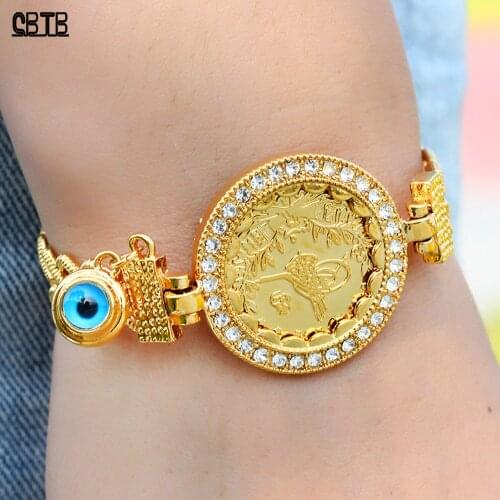 Female Turkey Twisted Crystal Coin Golden Bracelet Ethiopian Islamic Muslim Bracelet High Quality Exquisite Fashion Jewelry Gift