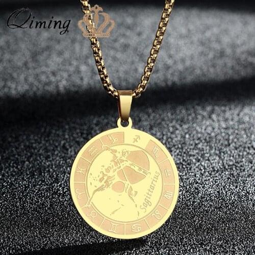 Stainless Steel Sagittarius Pendant Necklace Women Zodiac Sign Necklace Amulet Medal Horoscope Jewelry