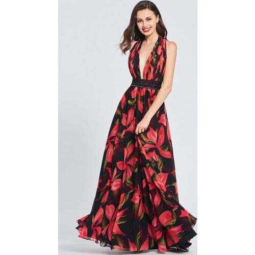 Tanpell halter prom dresses print sleeveless floor length a line gown women evening party long formal backless custom prom dress