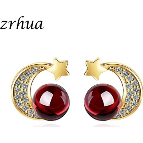 ZRHUA Top Quality Silver Color Moon and Star Zircon Stud Earrings Simple Fashion Jewelry for Women boucle d'oreille