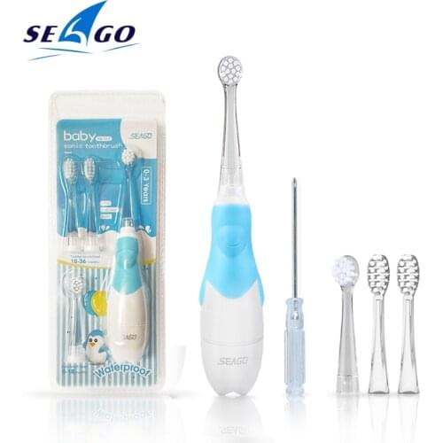 SEAGO Baby Toothbrush Battery Sonic Toothbrush with 4 Brush Heads Waterproof Soft Bristles Electric Teeth Brush for 1-3 Years
