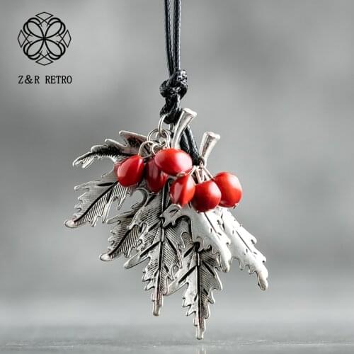 2021 Vintage Long Necklaces For Women And Men With Handmade Red Beans Retro Leaf Gift Leather Chain Pendants Necklace Jewelry
