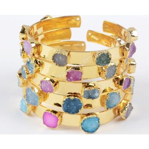 BOROSA 5 PCS Druzy Small Size Gold Color Brass Seven Rainbow Crystal Druzy Bangle Boho Jewelry G1098