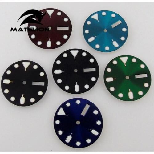 Matelion 28.5mm Black Blue Green Watch Dial Spare Parts Fit For NH36A day date Movement Green luminous
