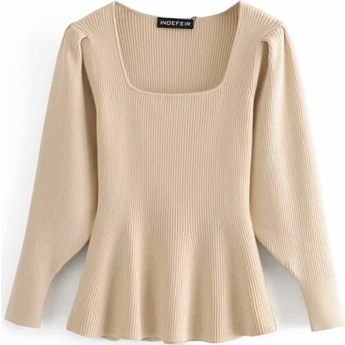 Elegant Women Solid Square Collar Sweater 2020 Fashion Ladies Flare Knitted Tops Streetwear Female Sweet Pullovers Chic Girl