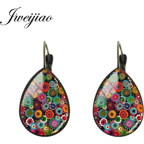 JWEIJIAO Polish Folk Art Patterns Earring glass flower photo Tear water-drop Ear Clip Earrings Hand Craft women Jewelry FL76