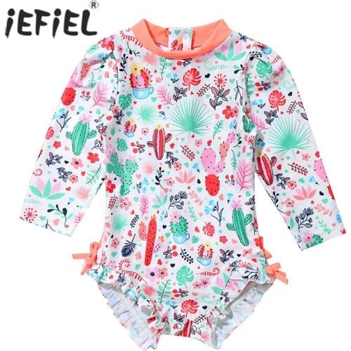 Baby Girls Swimwear 2021 Summer Ruffled Long Sleeve Toddler One Piece Floral Printed Swimsuit Bathing Suit Swimming Swim Suit