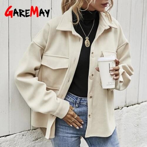 Womens Autumn Jacket Vintage Winter Warm Shirt Coat Woolen Thick Loose Vintage Pockets Casual Button Jacket Female Oversize New