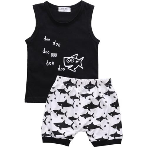 0-24M Newborn Baby Boy Girl Summer Sleeveless Cotton Vest T-shirt Tops Shorts Pant Bottom 2PCS Shark Outfit Kids Clothing Set