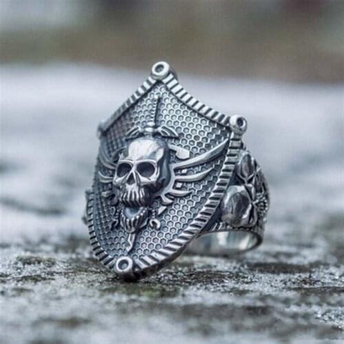 Retro New Exaggerated Mens Skull Sword Shield Ring Fashion Personality Goth Punk Domineering Popular Party Jewelry Accessories