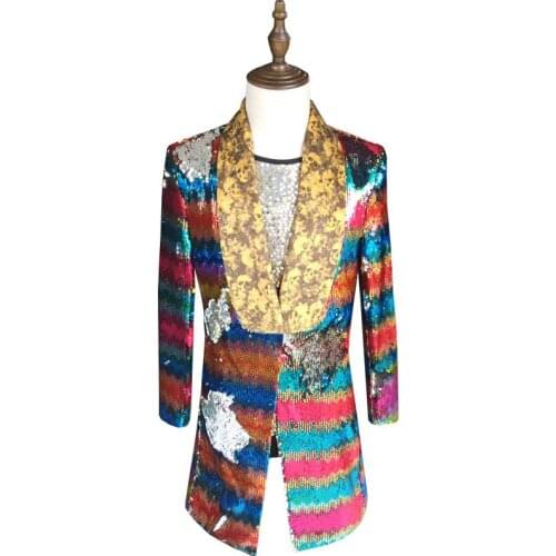 Colorful Sequin Blazer Men 2020 New Long Blazer Suit Jacket Gold Green Pink Prom Blazers For Men Stage DJ Singer Clothing 5xl