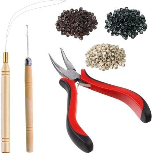 Hair Extension Kit Pliers Pulling Hook Needle Bead Device Tool Kits and 200 Pieces Silicone Lined Micro Rings