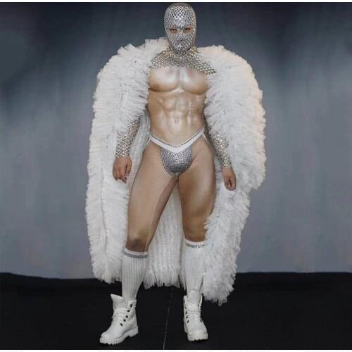 Nightclub Muscle Nude Bodysuit Rhinestone Head Cover Male DJ Gogo Dance Costume For Men Rave Outfit Festival Party Stage Clothes