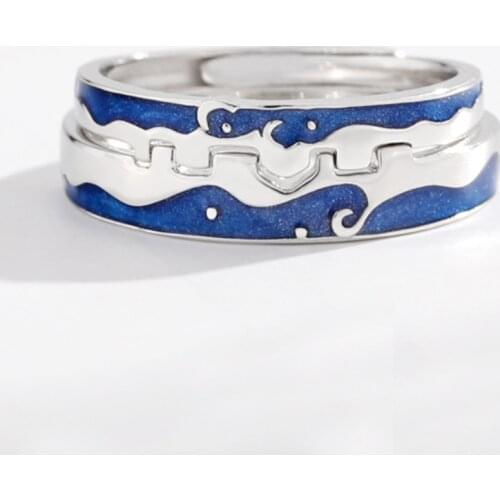 Blue Line Wedding Matching Ring The Love of Falling Into The City Couples Ring Set 925 Sterling Silver Promise Ring for Lovers