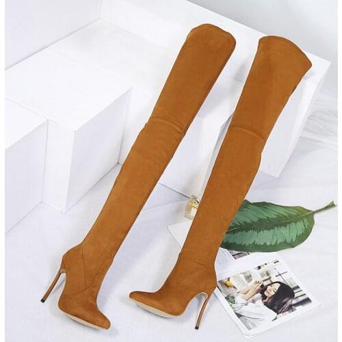 2021 Autumn Winter Stretch Boots Women Thin High Heeled Womens Boots Zipper Suede Pointed Toe Over The Knee Thigh Boots Shoes