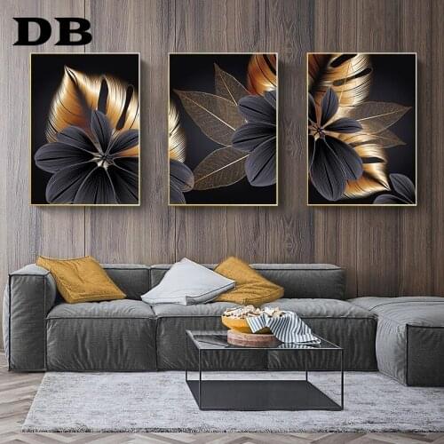 Black Golden Plant Leaf Canvas Poster Print Modern Home Decor Abstract Wall Art Painting Nordic Living Room Decoration Picture