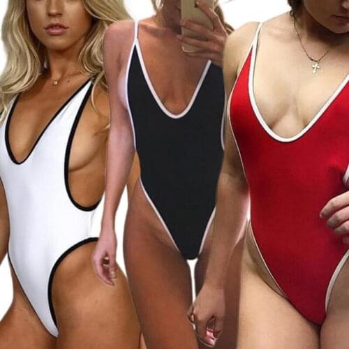 24BD Multi-size Simple Low Cut Sides Wide Straps High Legs One-Piece Swimsuit, Front Deep V Open Back 1 Piece Swimwear