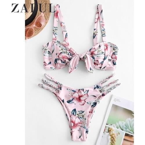 ZAFUL Plant Print Braided Strappy Pleated Bikini Swimsuit