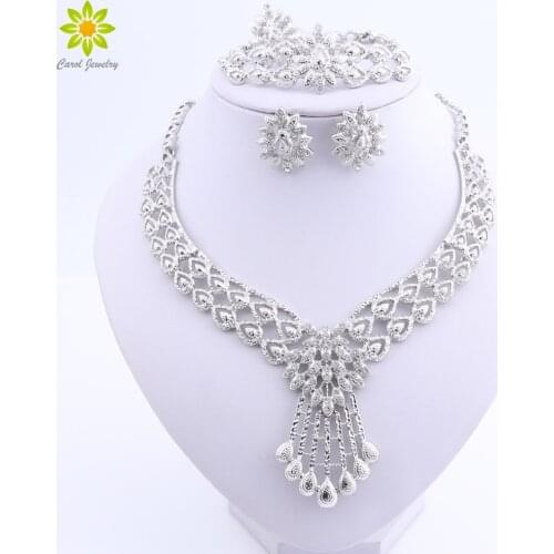 Crystal Bridal Jewelry Sets Silver Plated Wedding Necklace Earrings Bracelet Ring African Beads Jewelry Sets Accessories