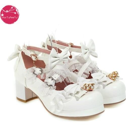 Lolita Shoes Women High Heels Pendant Lace Straps Bow Cute Girls Princess Tea Party Pumps Students Lovely Plus Size 34-48
