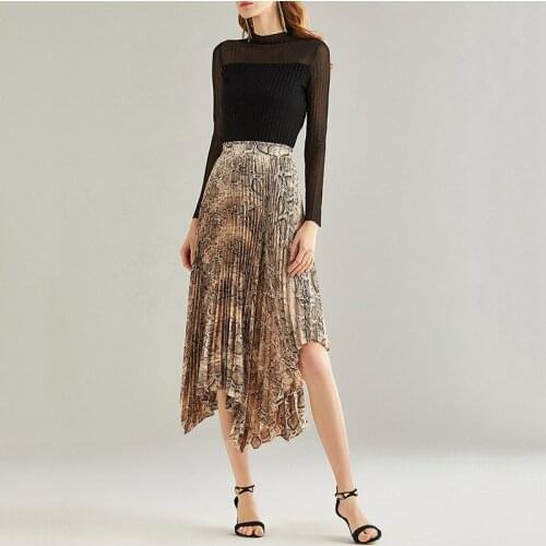 Snake Pattern Pleated Skirt 2019 Runway Women Long Skirt Luxury Animal Printing High Waist Asymmetrical Skirt Midi Skirt