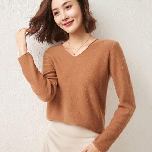 Auutmn Womens Sweaters Sexy V-Neck Long Sleeve 100% Wool Knitted Female Pullover Slid Jumper Clothing Plus Size Pull Femme Tops