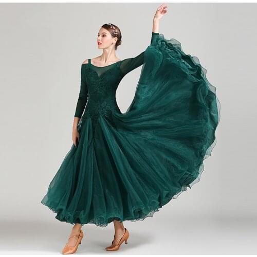 2019 NEW Green Lace Ballroom Competition Dance Dress Women Modern Waltz Tango Standard Dress