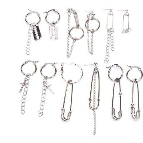 1Pair Asymmetric Metal Retro Tassel Punk Cross Pin Razor Studs Dangle Chain Earring Kpop Korean Jewelry Exquisite Earrings